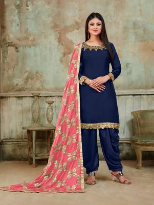 Royal Blue Fancy Satin Designer Patiala Suit 1