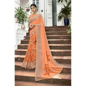 Peach printed georgette saree with blouse 1