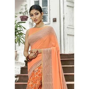 Peach printed georgette saree with blouse 2