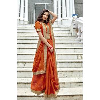 Orange printed chiffon saree with blouse 1