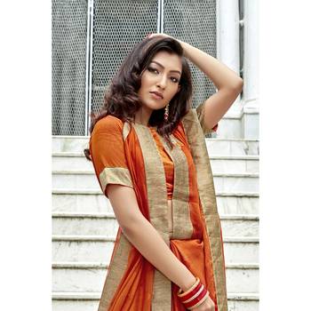 Orange printed chiffon saree with blouse 2