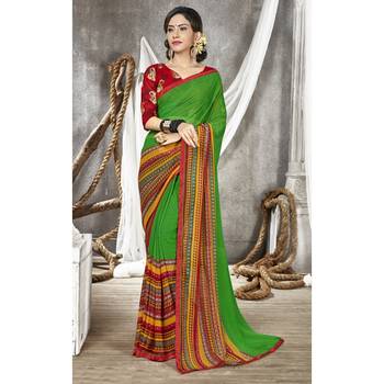 Green printed georgette saree with blouse 1