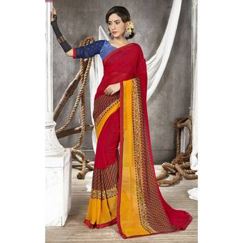 Red printed georgette saree with blouse 1