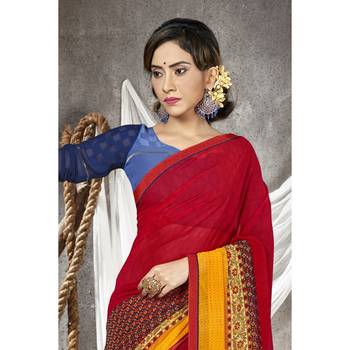 Red printed georgette saree with blouse 2