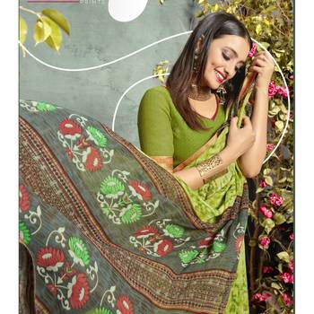 Green printed georgette saree with blouse 2