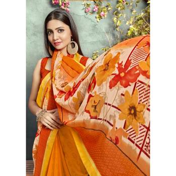 Orange printed georgette saree with blouse 2