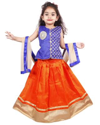 Orange Plain Cotton Silk Stitched Lehenga 1