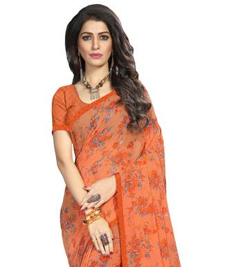  orange printed georgette saree with blouse 1