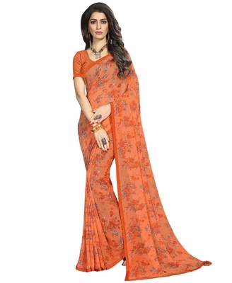  orange printed georgette saree with blouse 2
