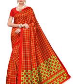 Red printed art silk saree with blouse
