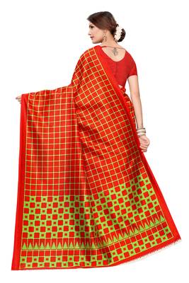 Red printed art silk saree with blouse 4