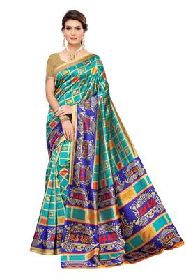 Green printed art silk saree with blouse 1