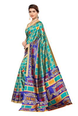 Green printed art silk saree with blouse 2