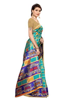Green printed art silk saree with blouse 3