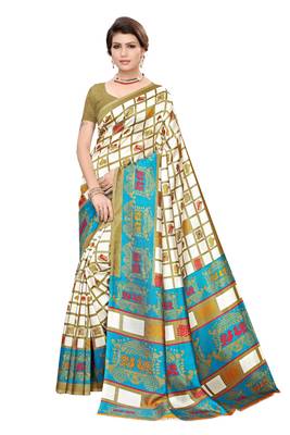 White printed art silk saree with blouse 1