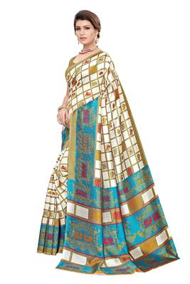 White printed art silk saree with blouse 2