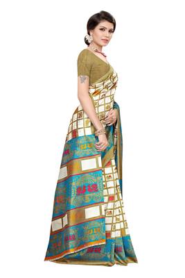 White printed art silk saree with blouse 3