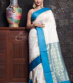 Milk White Korial Silk With Sky Blue Border