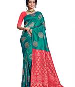 Green woven banarasi silk saree with blouse