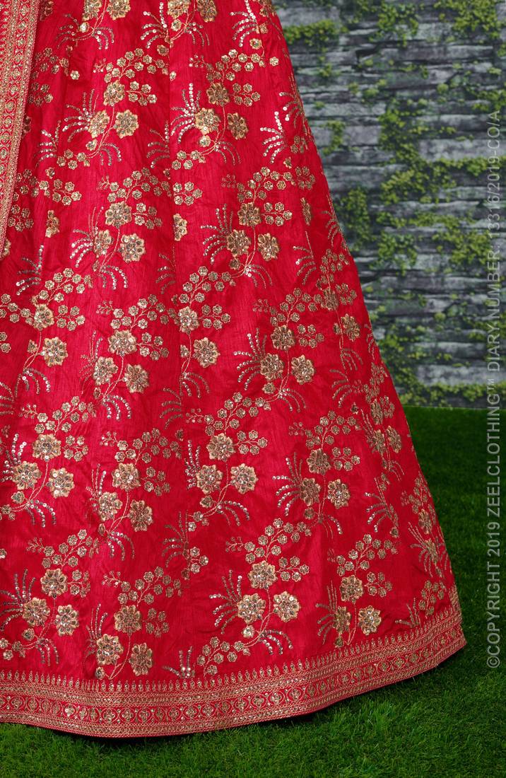 Elegant Red Colored Embroidered Art Silk Designer Wedding Lehenga For Women