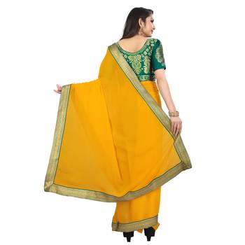 Yellow plain georgette saree with blouse 3
