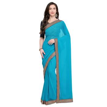 Sky blue plain georgette saree with blouse 1