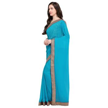 Sky blue plain georgette saree with blouse 2