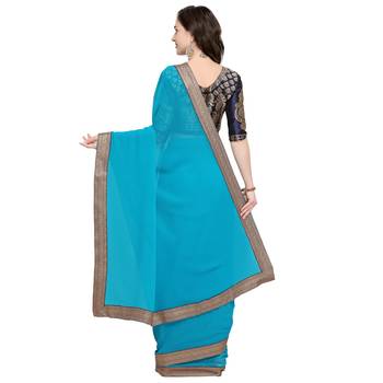 Sky blue plain georgette saree with blouse 3