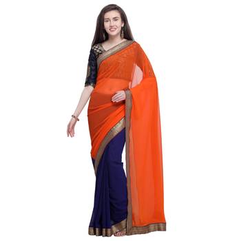 Orange plain georgette saree with blouse 1