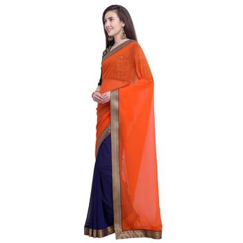 Orange plain georgette saree with blouse 2