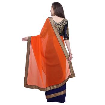 Orange plain georgette saree with blouse 3