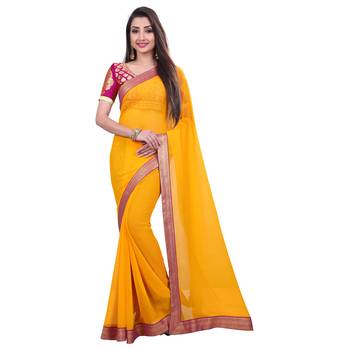 Yellow plain georgette saree with blouse 1