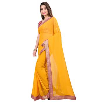 Yellow plain georgette saree with blouse 2