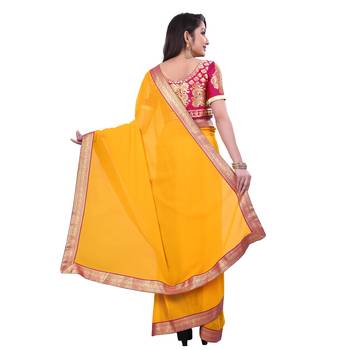 Yellow plain georgette saree with blouse 3