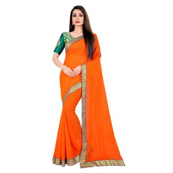 Orange plain georgette saree with blouse 1