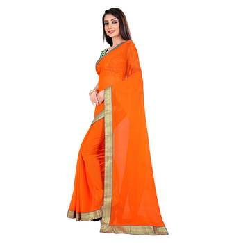 Orange plain georgette saree with blouse 2