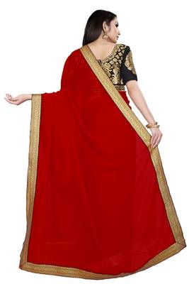 Red plain georgette saree with blouse 3