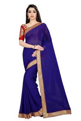 Blue plain georgette saree with blouse 1
