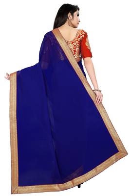 Blue plain georgette saree with blouse 2