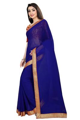 Blue plain georgette saree with blouse 3