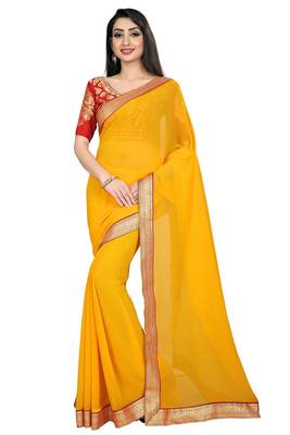 Yellow plain georgette saree with blouse 1