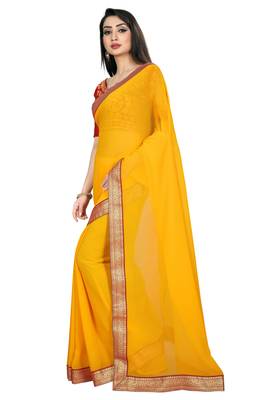 Yellow plain georgette saree with blouse 2