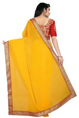 Yellow plain georgette saree with blouse 3