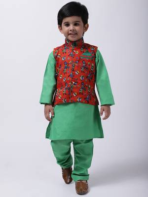 Orange Tribal Print Jacket With Green Stand Collar Kurta Pajama 1