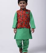 Orange Tribal Print Jacket With Green Stand Collar Kurta Pajama