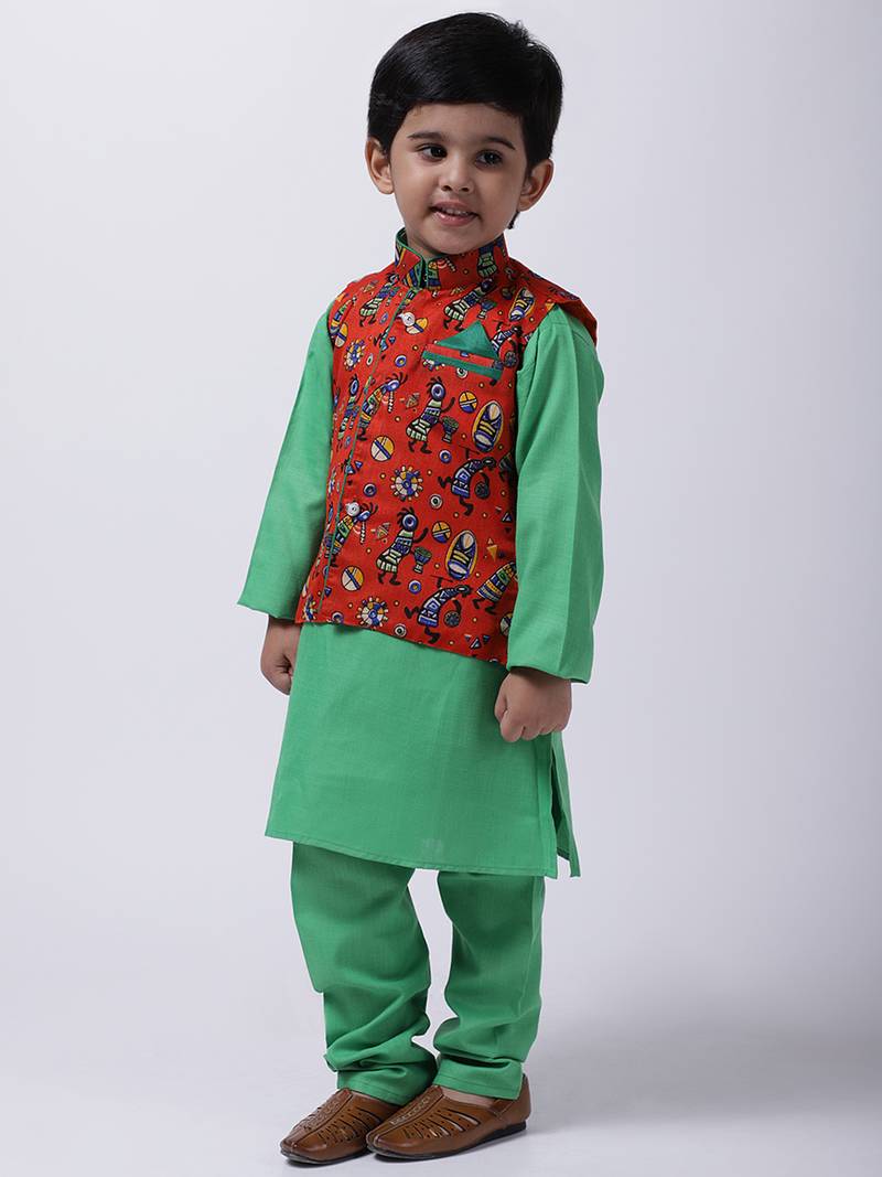 Orange Tribal Print Jacket With Green Stand Collar Kurta Pajama