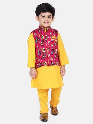 Pink Tribal Print Jacket With Yellow Stand Collar Kurta Pajama 1