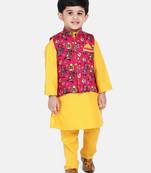 Pink Tribal Print Jacket With Yellow Stand Collar Kurta Pajama