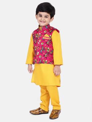 Pink Tribal Print Jacket With Yellow Stand Collar Kurta Pajama 2