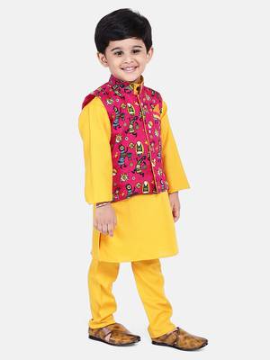 Pink Tribal Print Jacket With Yellow Stand Collar Kurta Pajama 3